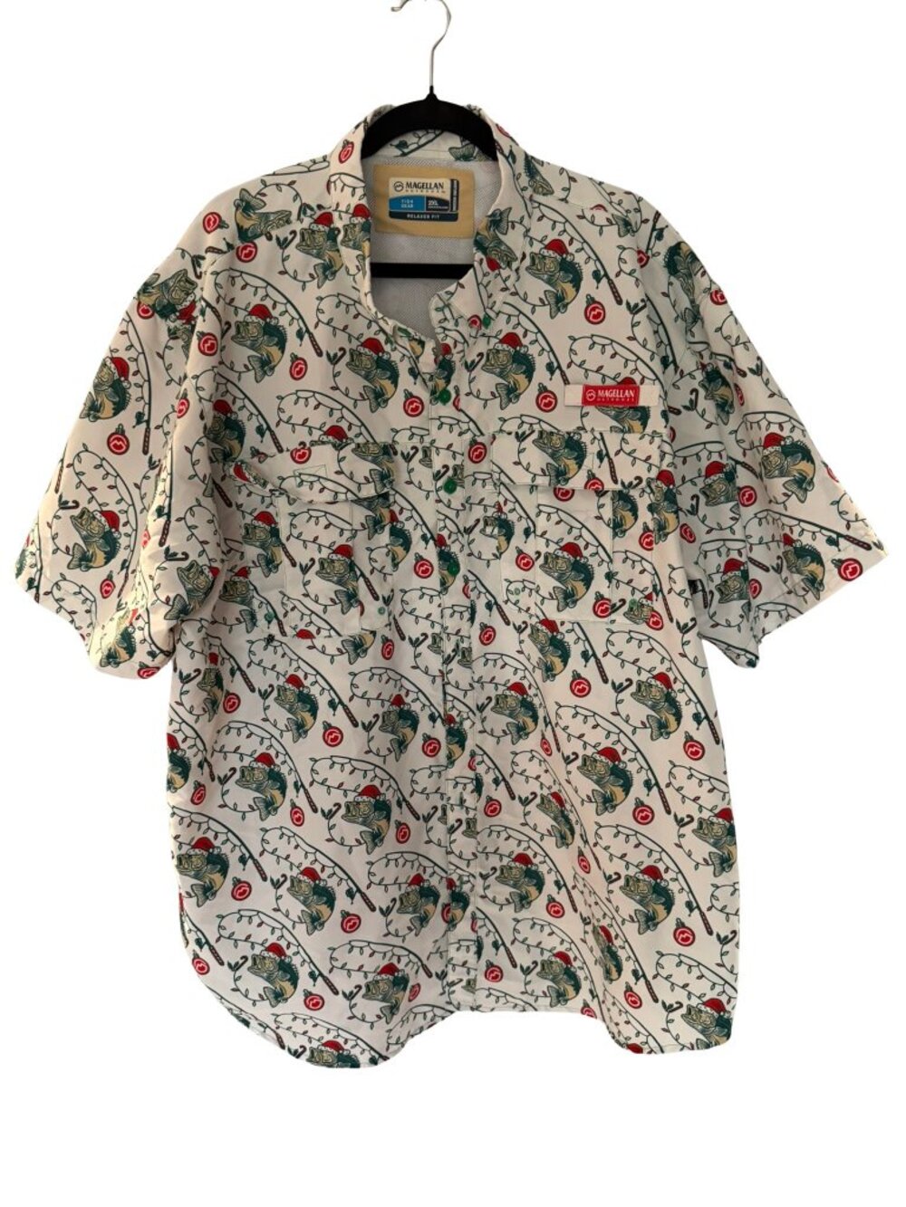 Magellan Outdoors Men's 2XL Christmas Santa Bass Fishing Shirt Moisture Wicking